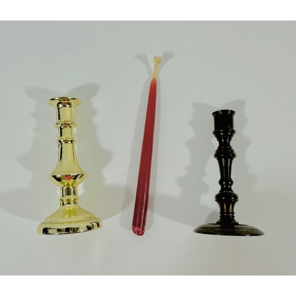 Candlestick Candle Holders Mini Metal Round Base Vintage MCM Gold Brass Decor - Picture 2 of 9